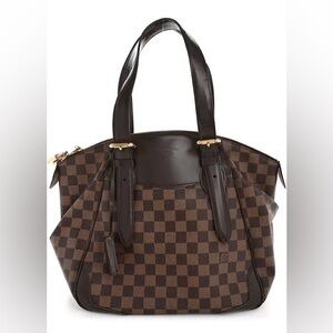 Louis Vuitton Brown Damier Ebene Shoulder Tote with Dark Leather Trim